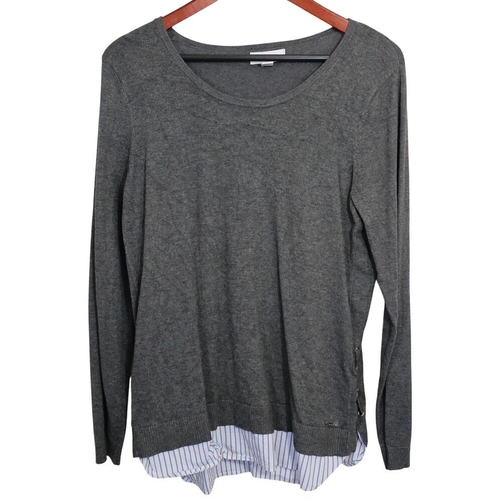 Calvin Klein Sweater Blouse Womens Medium Grey Blue Pinstripe Layered Office‎